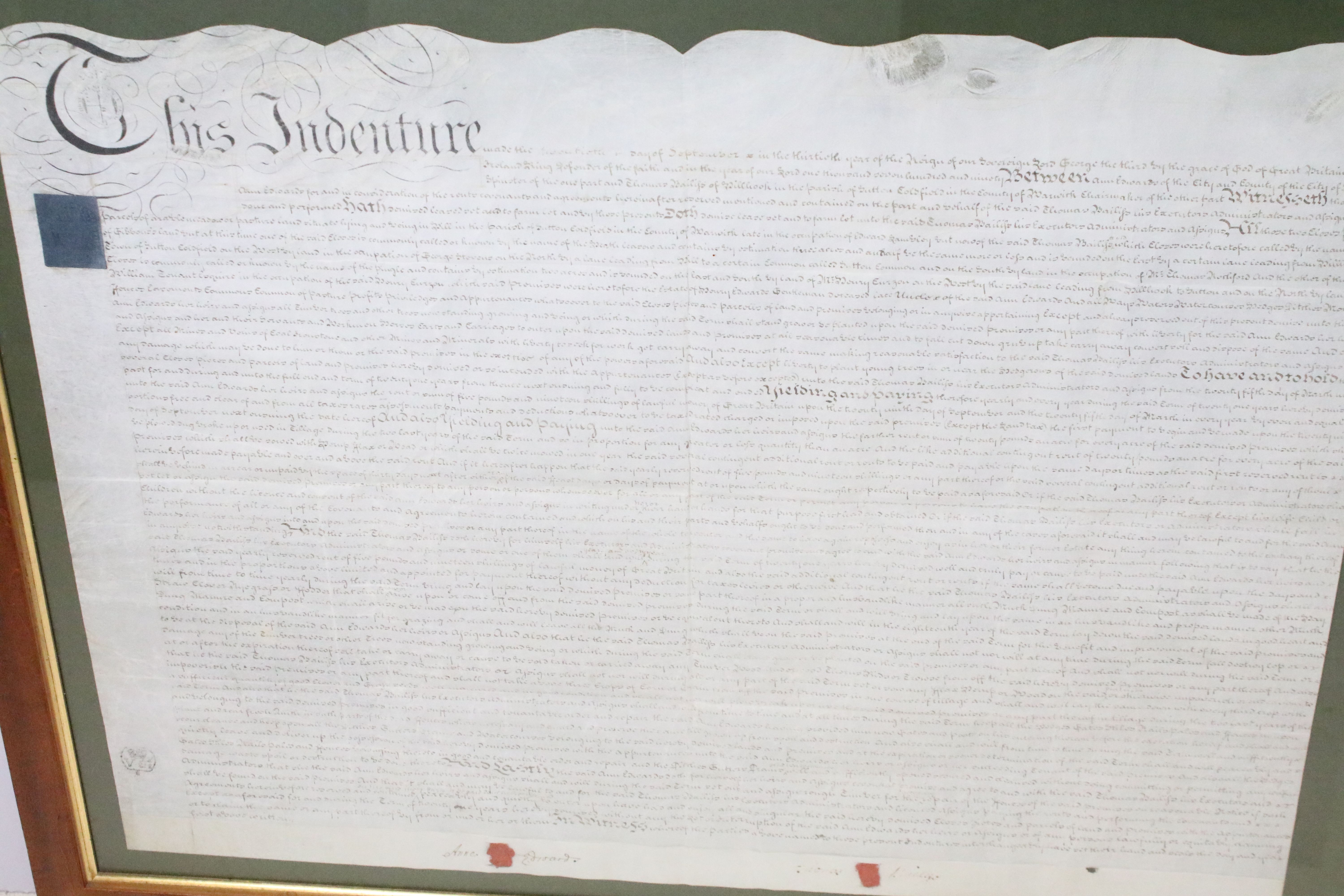 Two 18th / 19th century indentures, the largest 83 x 101.5cm overall, framed and glazed together - Image 14 of 14