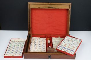 Vintage mahjong set with bone & bamboo pieces, housed within a case and wooden box (with inscription