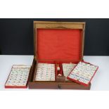 Vintage mahjong set with bone & bamboo pieces, housed within a case and wooden box (with inscription