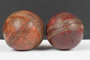 Two Old 4 piece Red Leather Cricket Balls, largest 9cm diameter