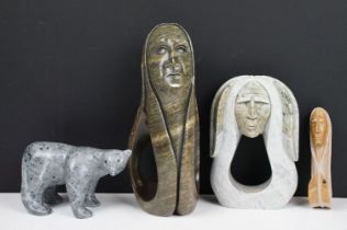 Collection of Native American six nations carved stone figurines to include a bear and three
