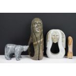 Collection of Native American six nations carved stone figurines to include a bear and three
