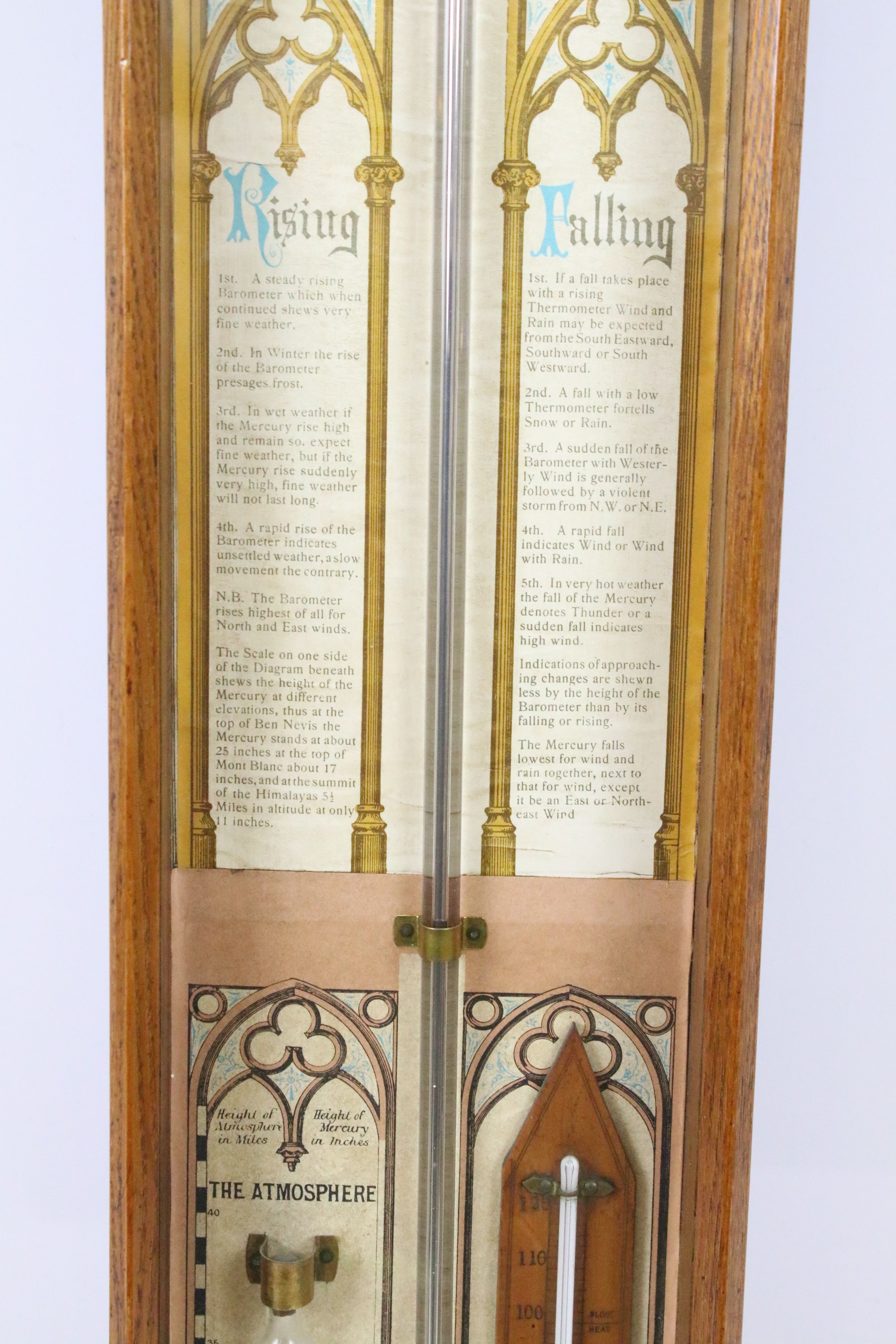 Early 20th century oak cross framed Admiral Fitzroys barometer, with paper dial, the sides with twin - Bild 3 aus 4