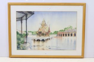 Bang Pa-In Palace, Bangkok, watercolour heightened with white, initialled J lower right and dated '