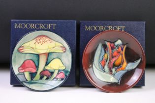 Two boxed Moorcroft pottery pin dishes to include Toadstools & Red Tulip examples. (Measure approx