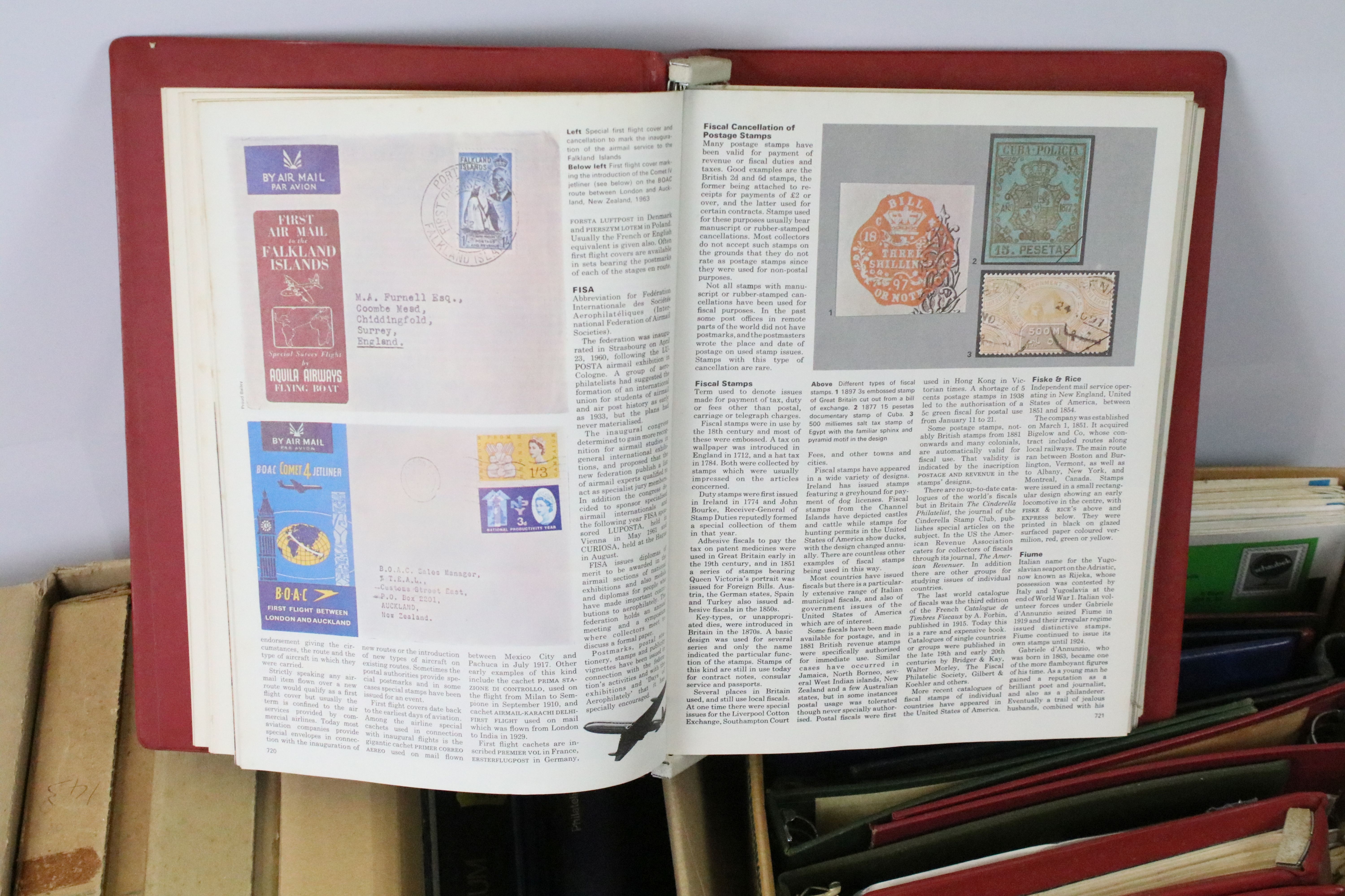 Two boxes of empty stamp albums, together with a selection of international stamp encyclopaedia's in - Image 4 of 5