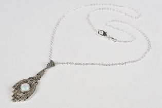 Silver marcasite and opal paneled pendant necklace in the art deco style