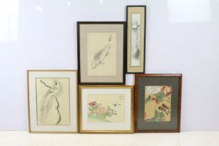 Oriental school collection of five artworks comprising of four bird studies and one of a Koi Carp