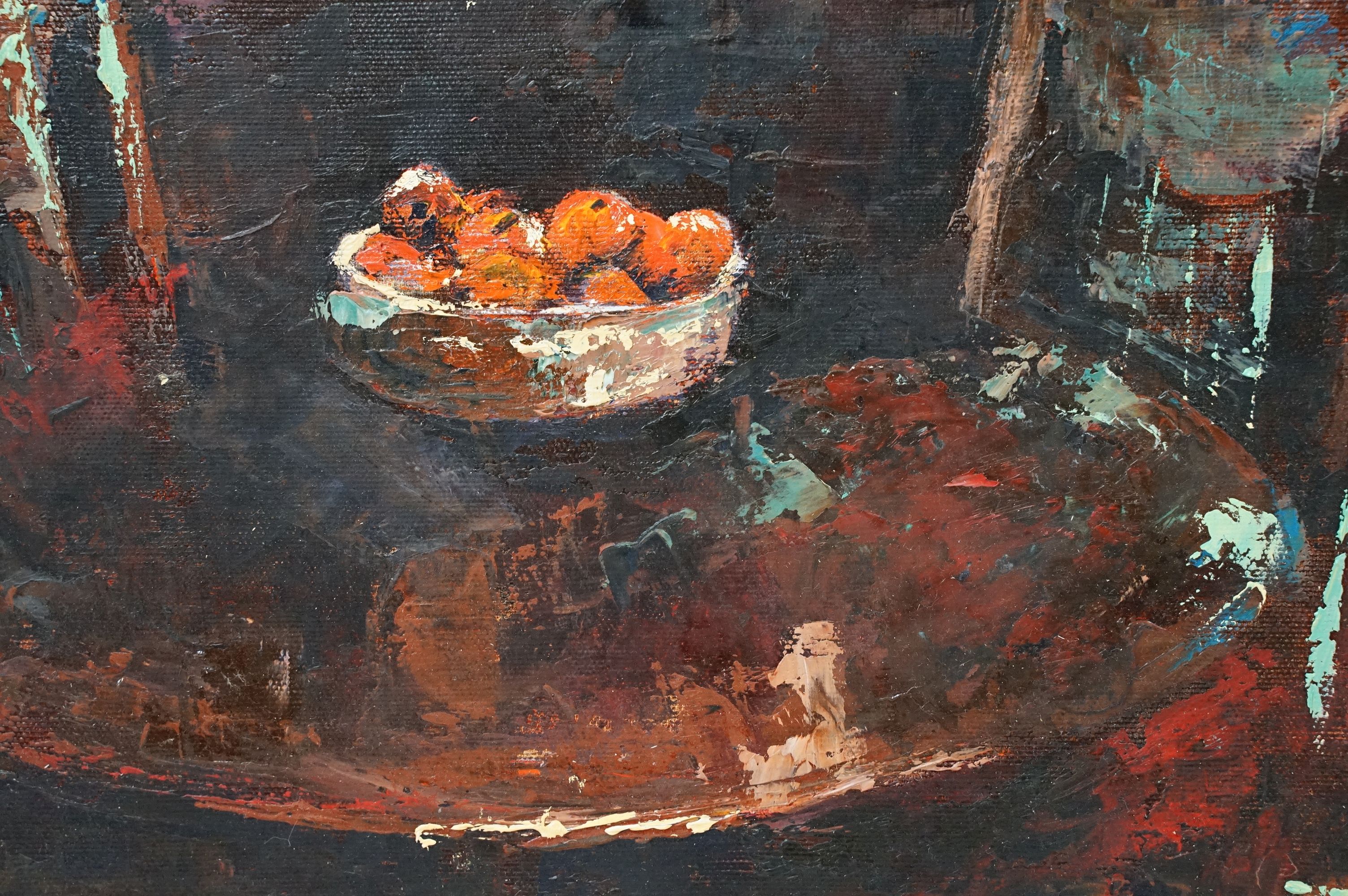 Campbell, 20th century still life interior scene with piano table, chair and bowl of fruit, oil on - Image 3 of 8