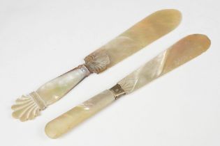 Victorian Mother of Pearl Page Turner with carved blade and handle, 19cm long, together with another