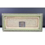 Antique Anglo Indian framed manuscript with watercolour of deity, 9 x 29cm