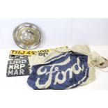 Vintage Ford advertising flag, 120 x 175cm, Rolls Royce hubcap and a collection of seven vintage