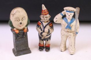 Three vintage painted cast iron money boxes to include Humpty Dumpty, saluting sailor & clown. (