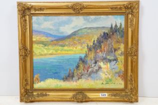 Continental school gilt framed impressionist lake scene with trees and rising hills beyond, signed