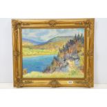 Continental school gilt framed impressionist lake scene with trees and rising hills beyond, signed