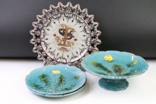 Pair of 19th Century Victorian majolica dandelion plates and matching tazza (all marked 722)