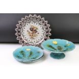 Pair of 19th Century Victorian majolica dandelion plates and matching tazza (all marked 722)