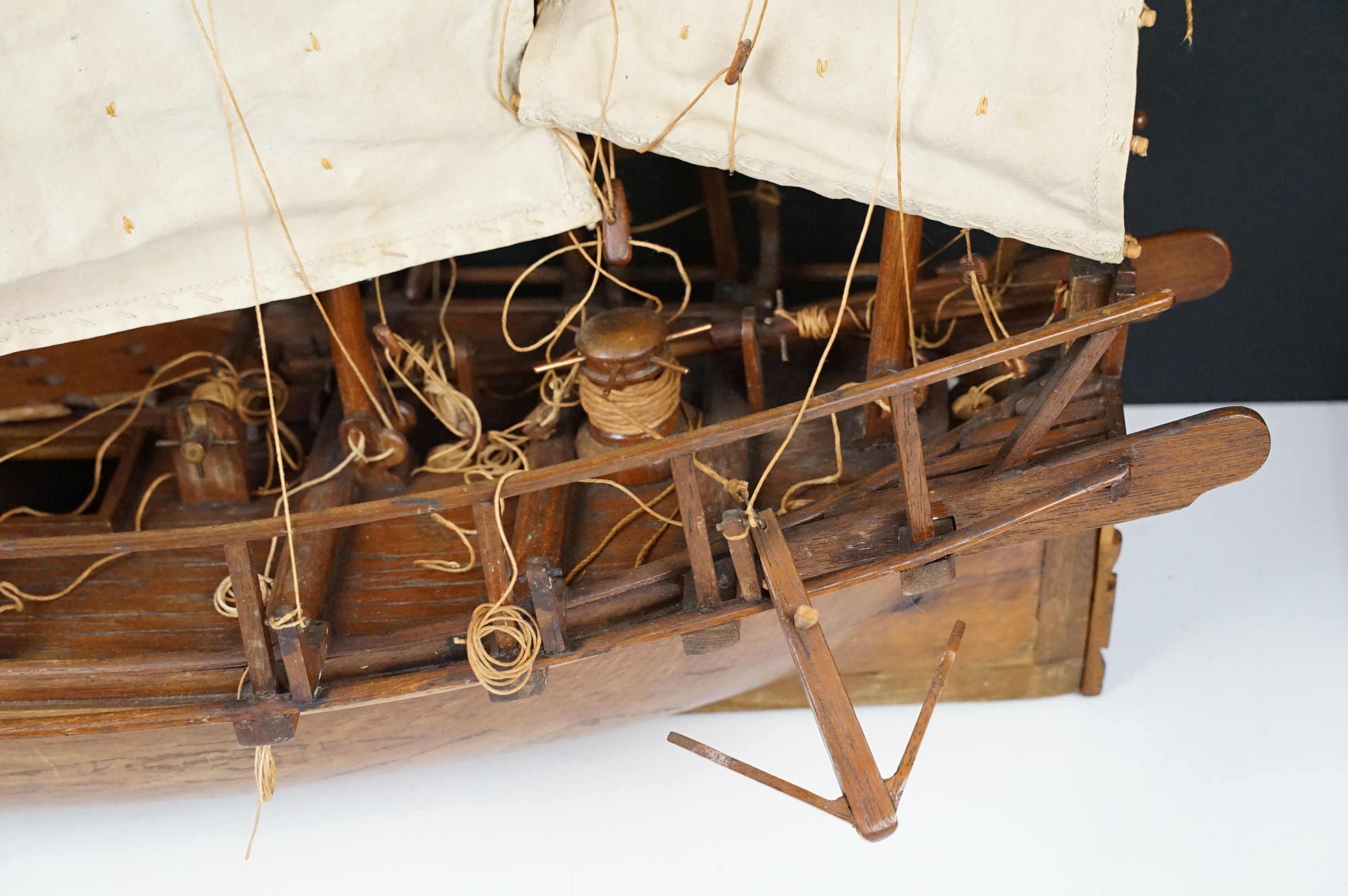 20th Century scratch built junk ship model having three sails, rope detailing, and life boat. - Image 3 of 6