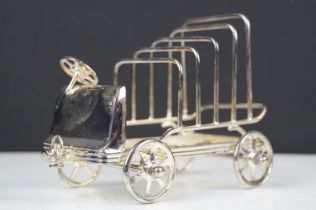 Silver plated toast rack in the form of a vintage car, approx 16cm long