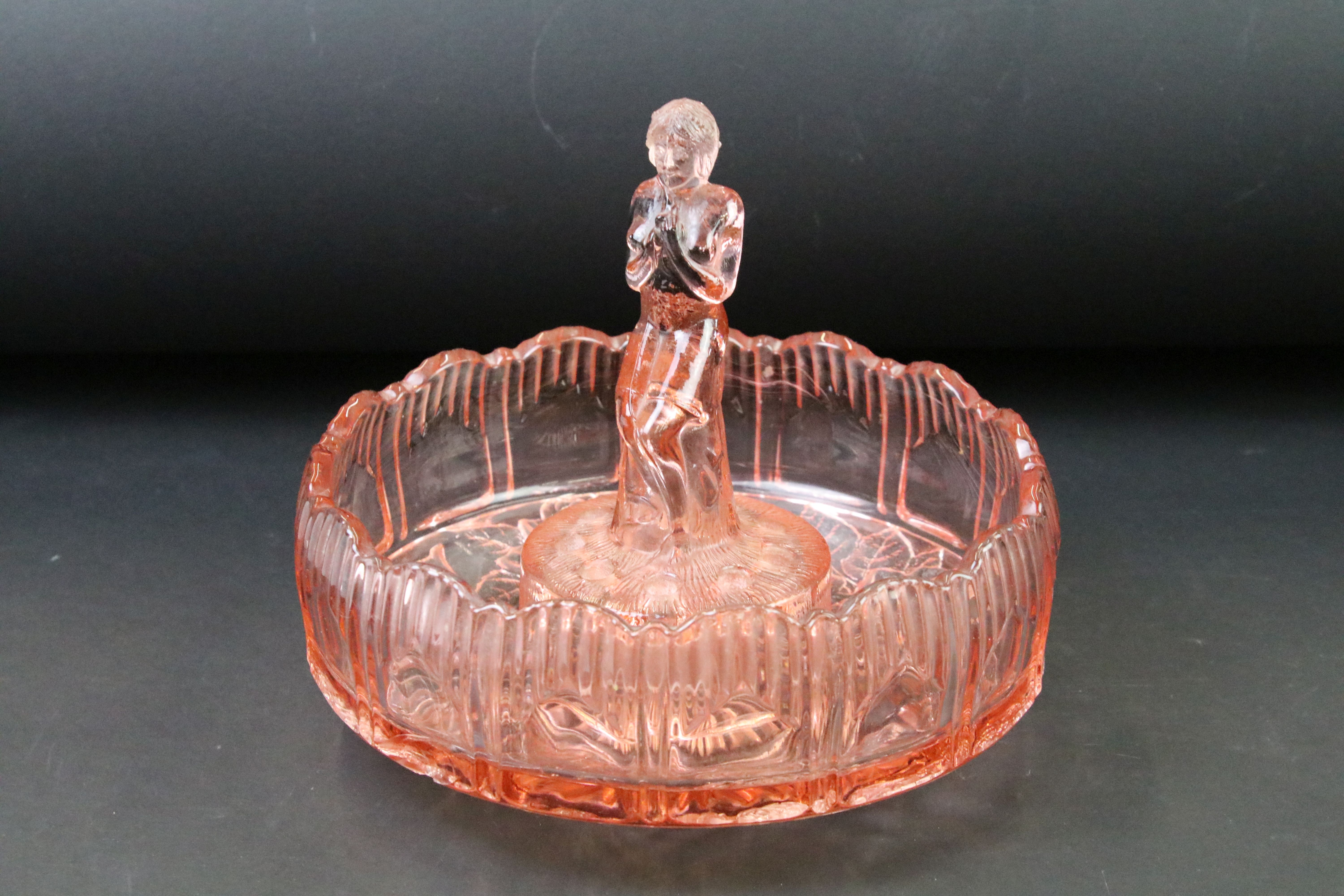 Two Sowerby rose / flower bowls with lady flower frog, one being frosted pink glass, the other clear - Image 4 of 9