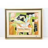 Abstract oil painting on canvas of a still life of fruit and objects on a table inscribed "Le Jour",