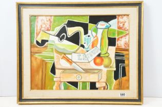 Abstract oil painting on canvas of a still life of fruit and objects on a table inscribed "Le Jour",