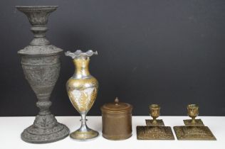 Group of metal wares to include an antique cast metal vase with raised classical detailing, a pair