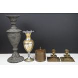 Group of metal wares to include an antique cast metal vase with raised classical detailing, a pair