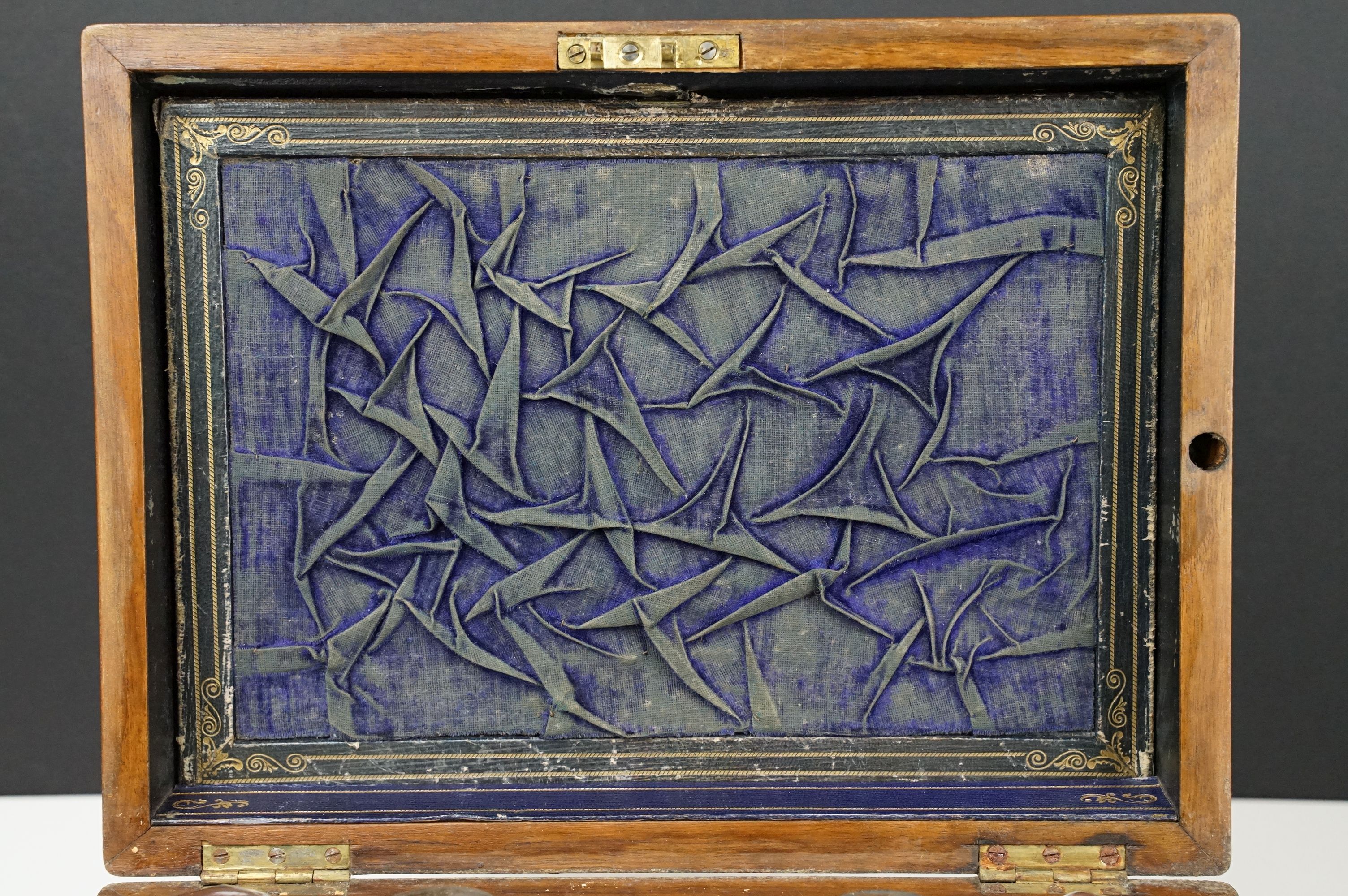 19th century walnut vanity box, the lid with mother of pearl inlay, opening to a fitted interior - Image 7 of 10