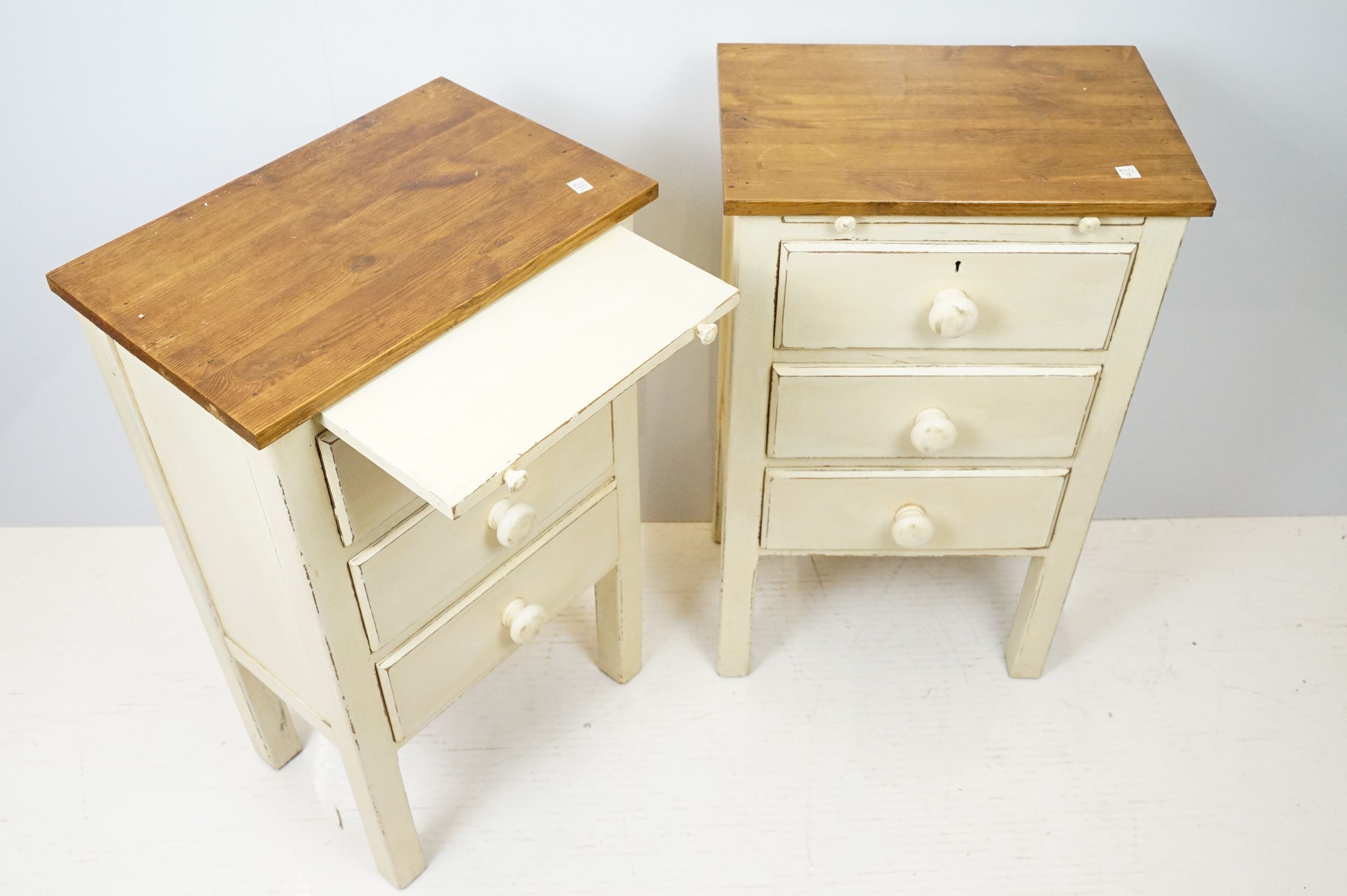 Pair of vintage painted bedside chests, each with three drawers and brushing slide, 76cm high 45.5cm - Image 4 of 8