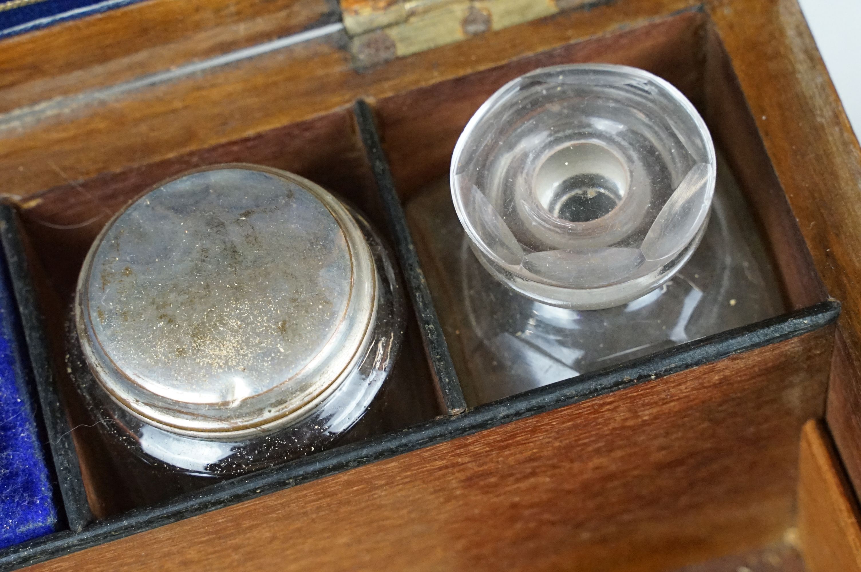 19th century walnut vanity box, the lid with mother of pearl inlay, opening to a fitted interior - Image 6 of 10