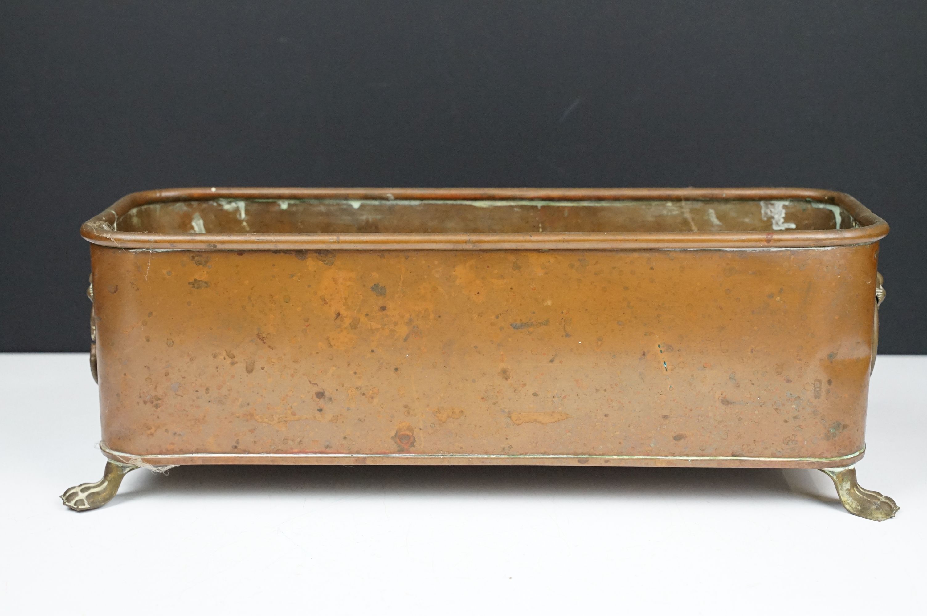 Copper planter of rectangular form with rounded corners and rolled edge, having a pair of lion - Bild 2 aus 5