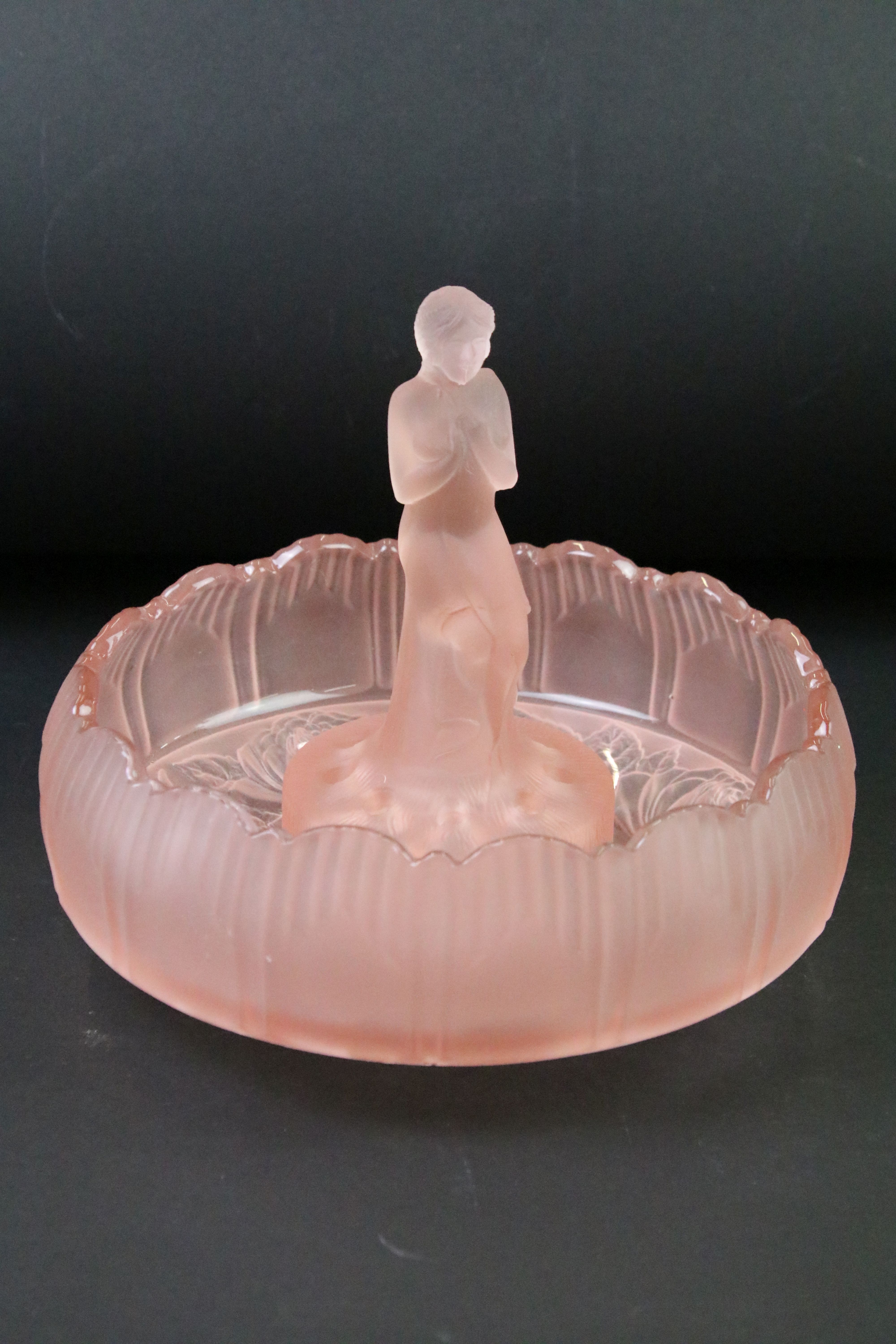 Two Sowerby rose / flower bowls with lady flower frog, one being frosted pink glass, the other clear - Image 7 of 9