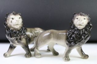 Pair of 19th Century Victorian ceramic mantle piece lions with painted details. Unmarked. Measures