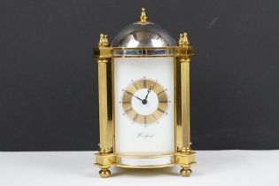 20th century Woodford brass chiming mantel clock of architectural form, with gilt chapter ring and