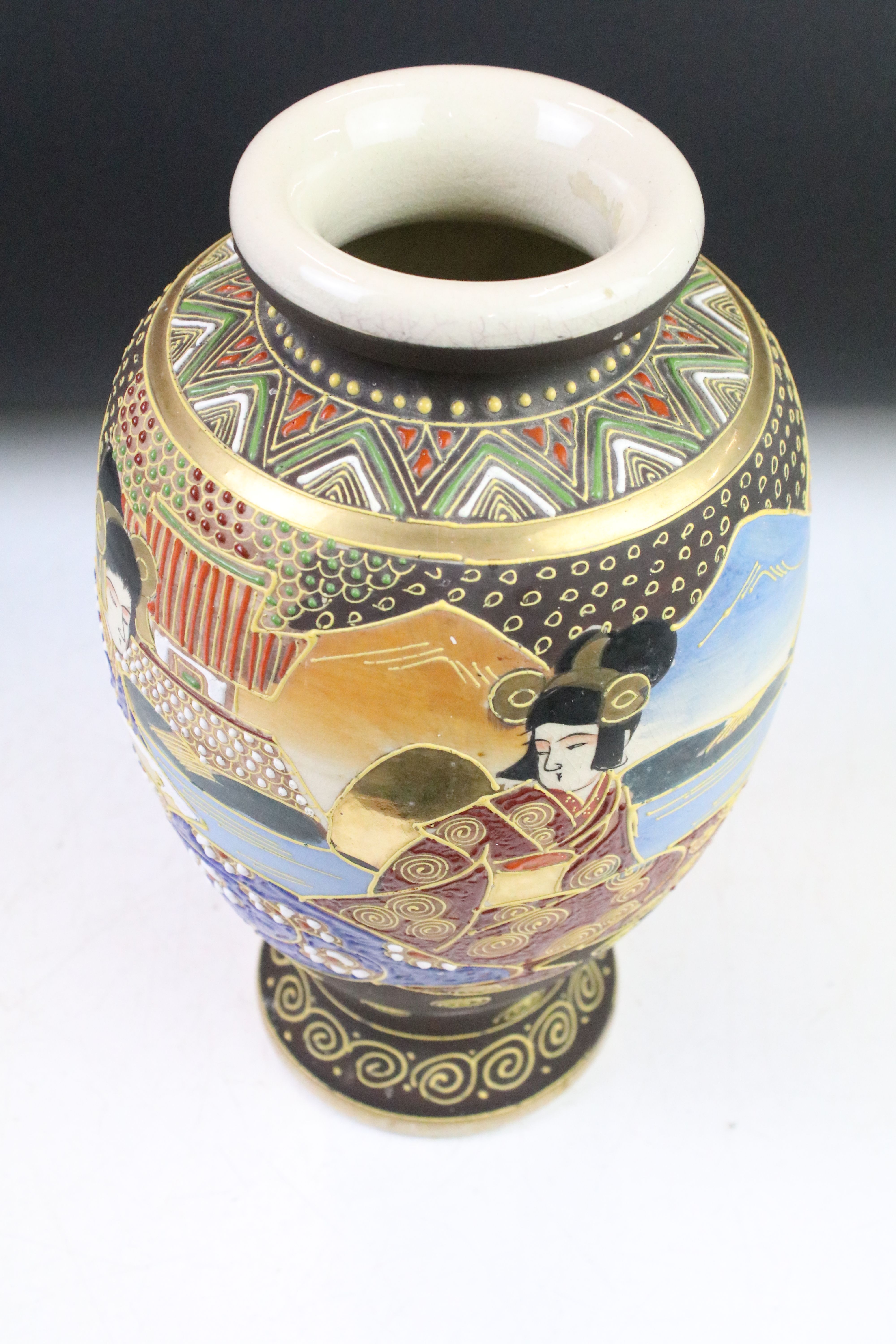 Pair of Japanese vases, of baluster form, with enamel painted decoration depicting females, approx - Image 3 of 4