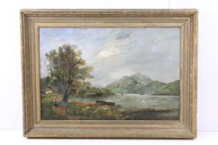 English School, boats on the water with mountains beyond and a figure in the foreground, oil on