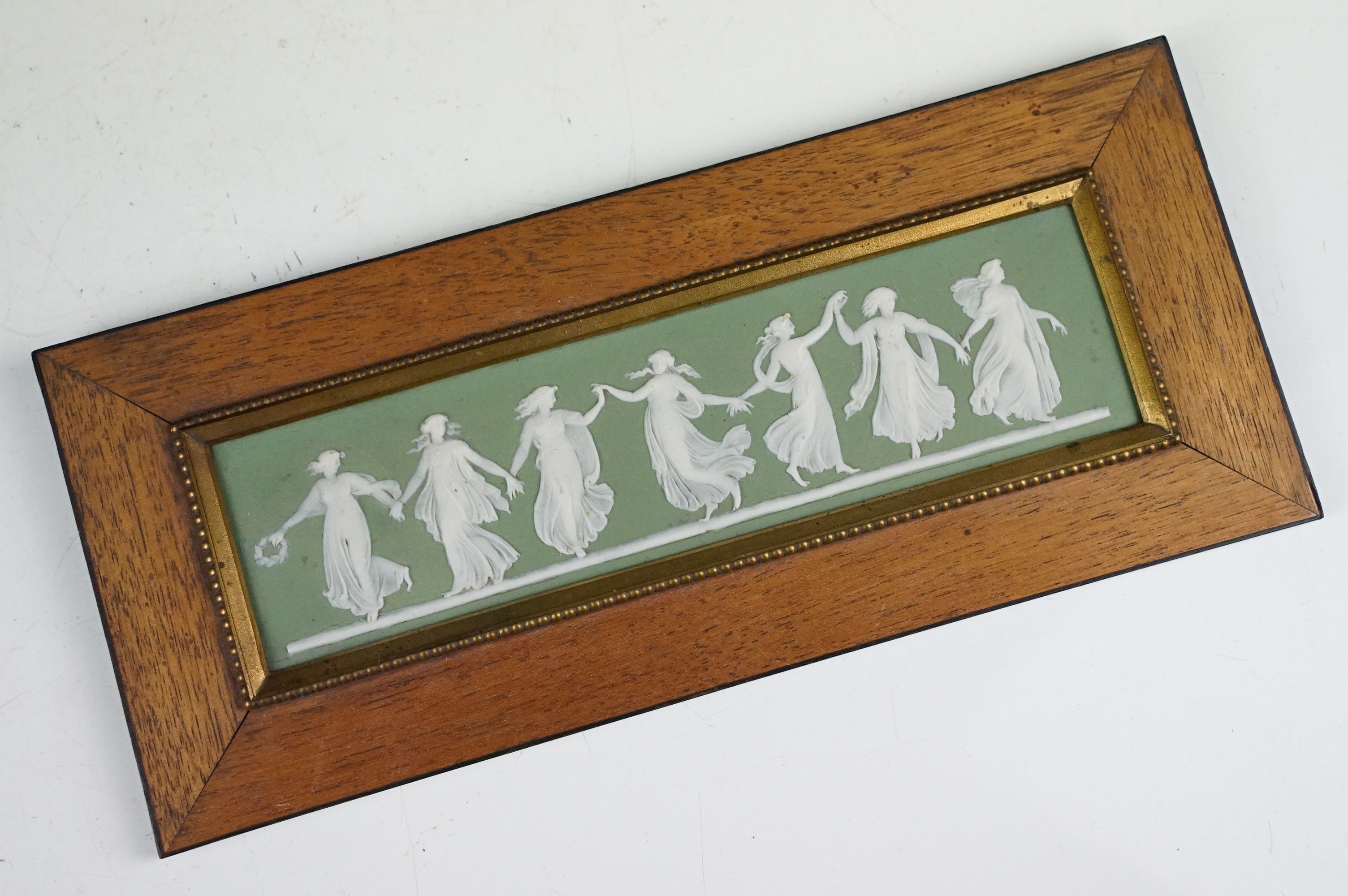 Wedgwood green jasperware ' Dancing Hours ' plaque, unmarked, mounted within a frame, 11 x 25cm - Image 4 of 13