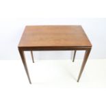 20th century teak wood occasional table on slender tapering legs, 56cm high x 61cm wide x 38cm deep