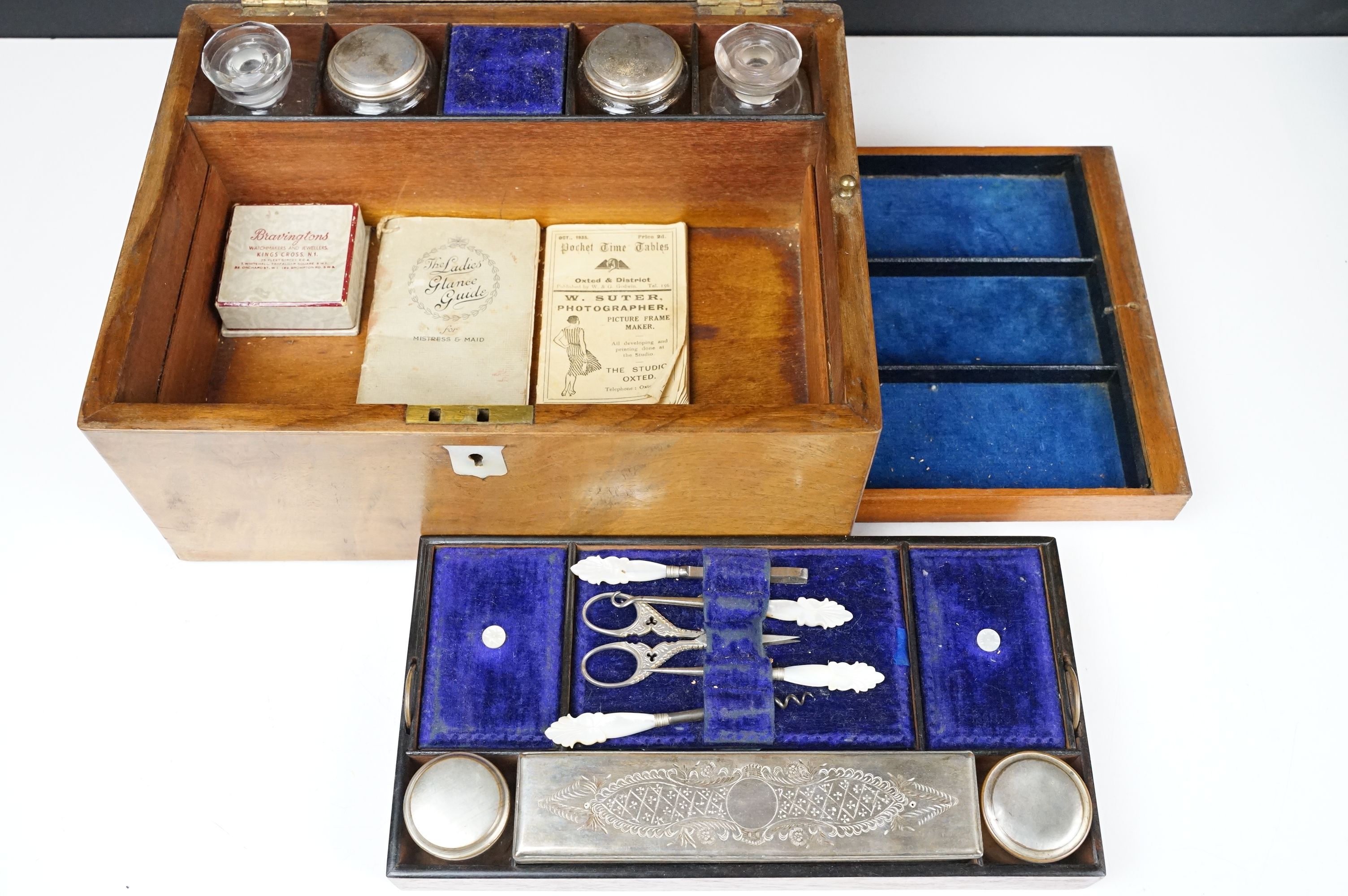 19th century walnut vanity box, the lid with mother of pearl inlay, opening to a fitted interior - Image 2 of 10