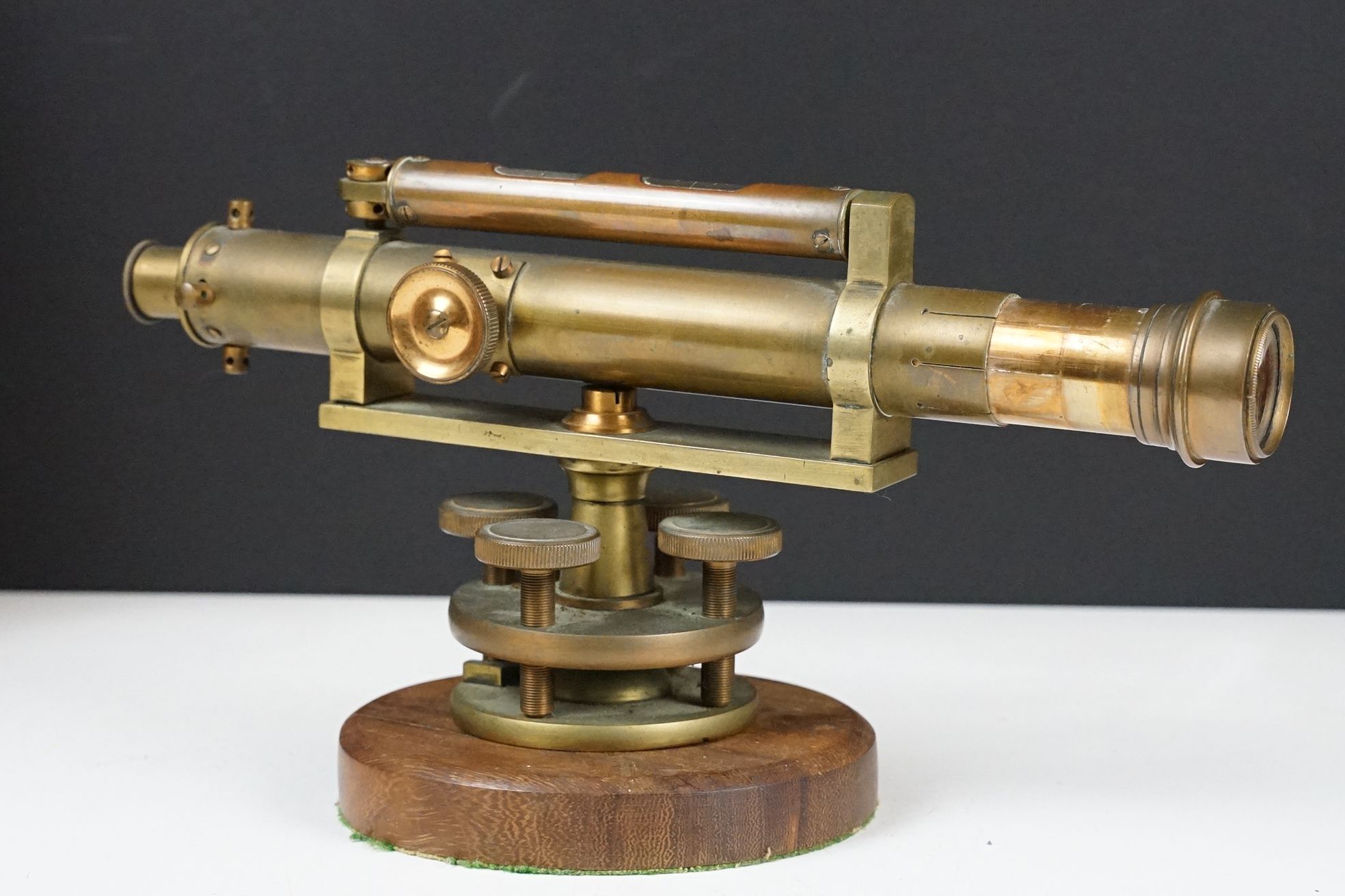 Stanley brass theodolite, barrel marked ' 111338 Stanley, London ' with circular wooden stand and - Image 2 of 10