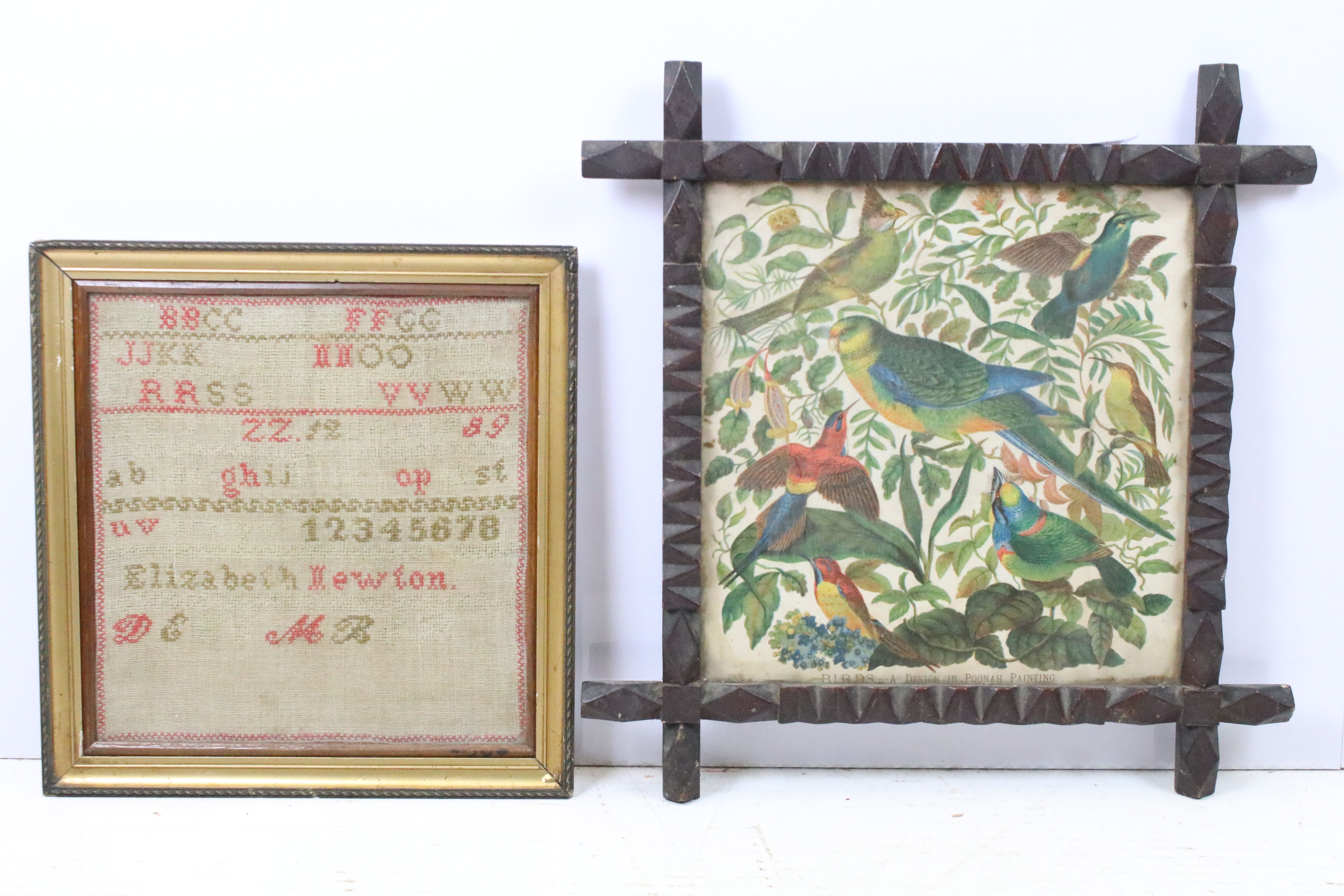 19th century oxford framed poonah painting print design of birds, 33.5 x 32.5cm together with a