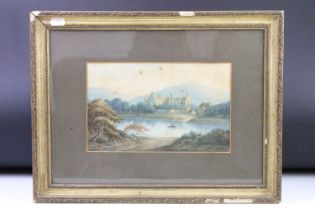 English School, view of the River Wye and Tintern Abbey, watercolour, label verso for Hudson & Co