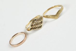 Two 9ct gold rings to include a rose gold wedding band, plus a yellow metal ring with pierced design