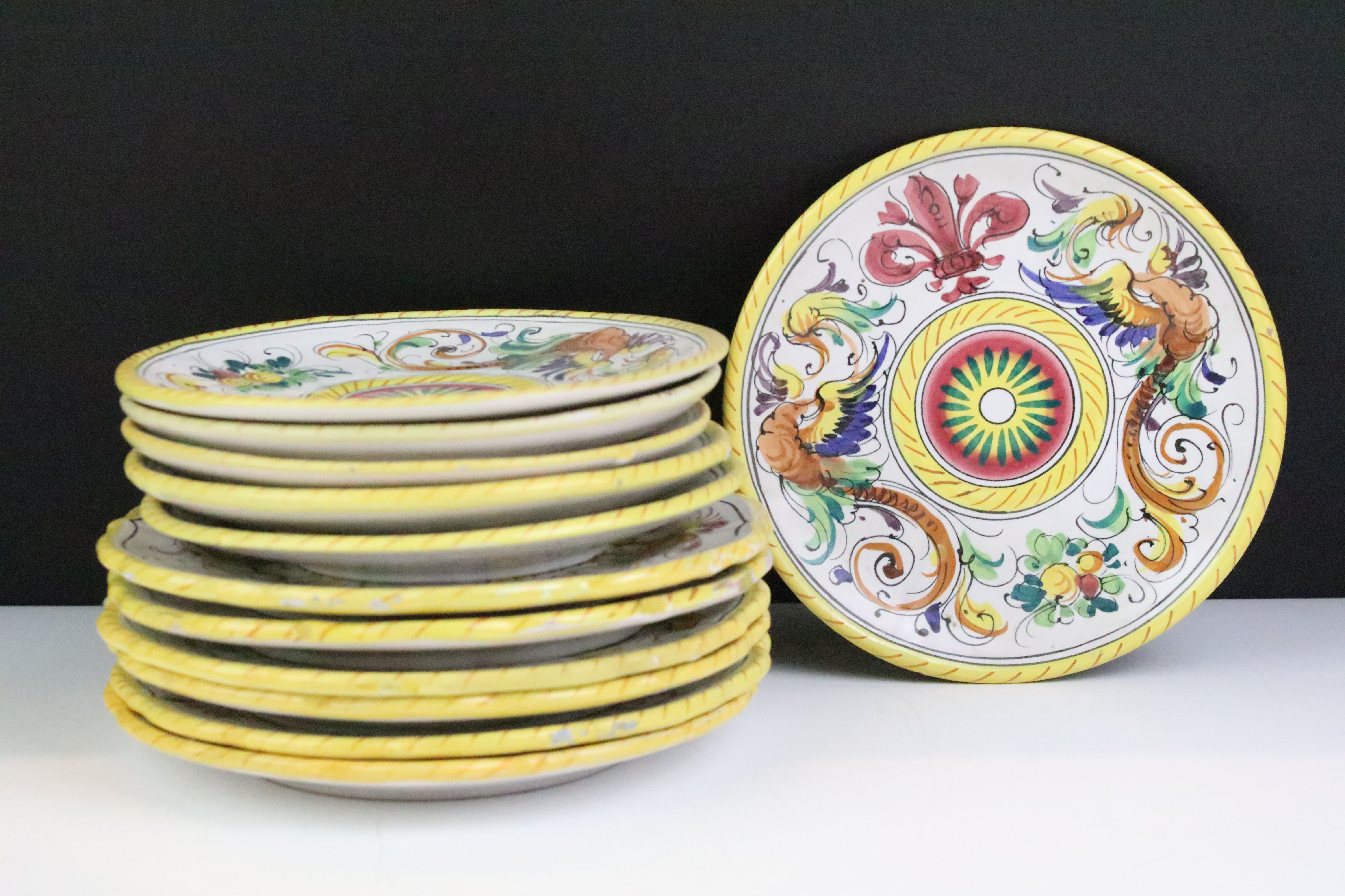 Italian faience tea set with scrolling & floral decoration and yellow border, the lot to include - Image 2 of 14