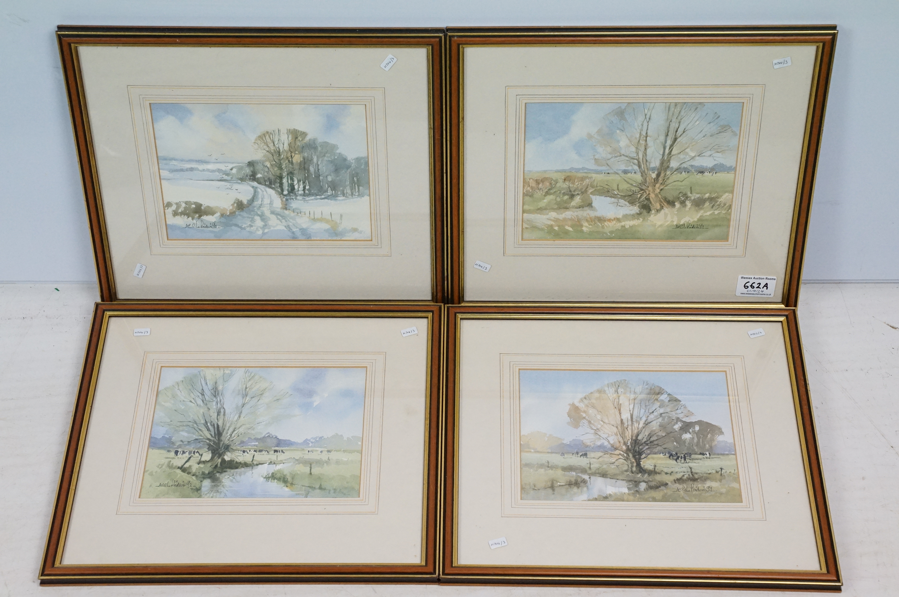 Four water colour paintings signed by Andy Le Poidevin titled 'Downland Snow', 'Slow Stream', 'Sunny