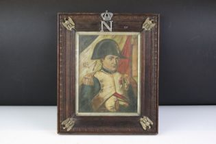 Napoleon oil on canvas painting set within an oak frame with adorned with brass eagles and the