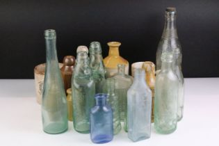 Collection of 19th Century and later glass and stoneware bottles, mostly glass examples with brewery