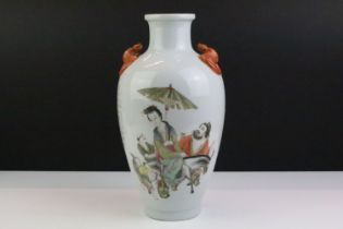 20th Century Chinese Famille Rose vase, decorated with male figures and a lady riding a donkey, with