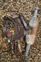 Group of vintage farming / agicultural tools and implements to include a yoke, scythes, billhook,